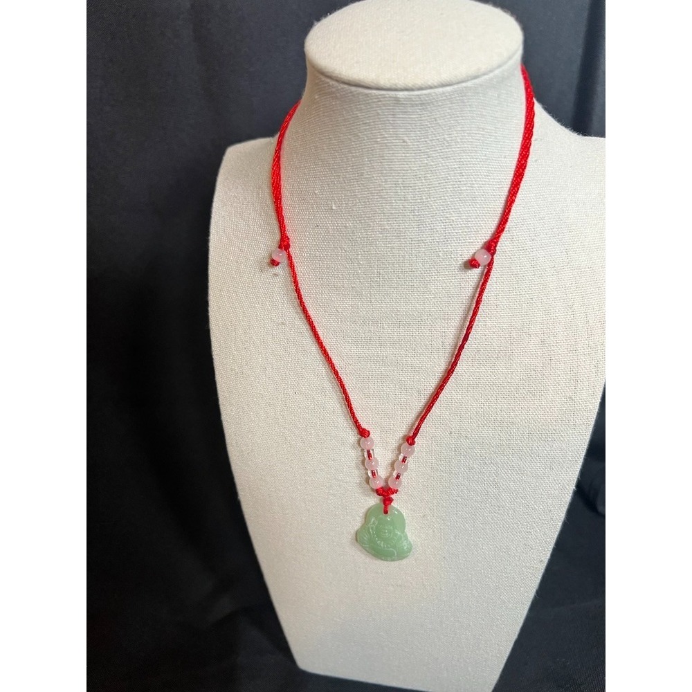 Pale Green Buddha Pendant Necklace Red Cord‎ Meditation Spiritual Jewelry Carved